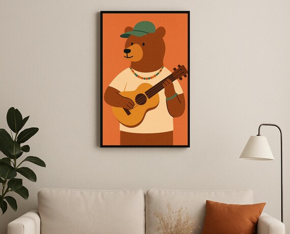 Bear Playing Guitar Wearing Cap Music Hobby Nursery Decor Poster