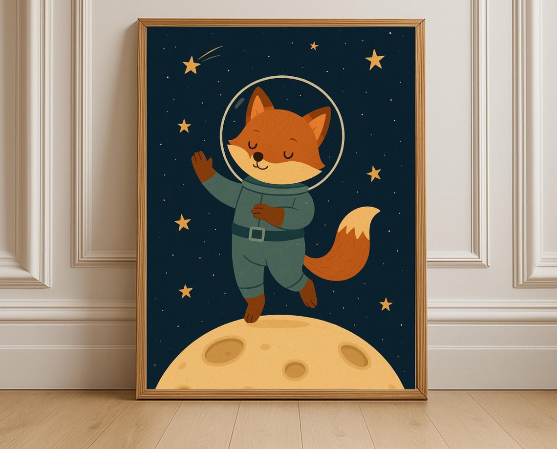 Astronaut Fox Nursery Print Space Animal Art