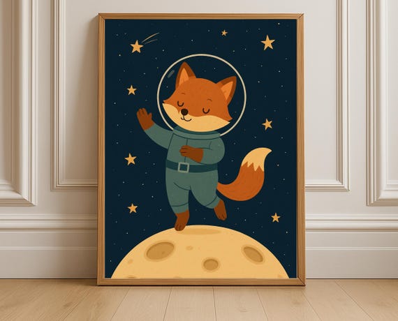Astronaut Fox Standing on the Moon Cute Starry Space Kids Poster