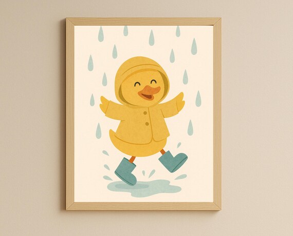 Happy Duck In Yellow Raincoat Splashing Through Rainy Puddles Poster
