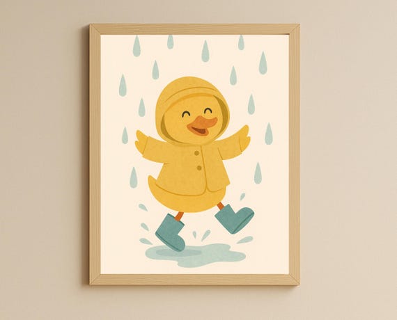 Rainy Day Duck Wall Art Hobby Animal Series Nursery Decor Cute Duckling In Yellow Raincoat Print