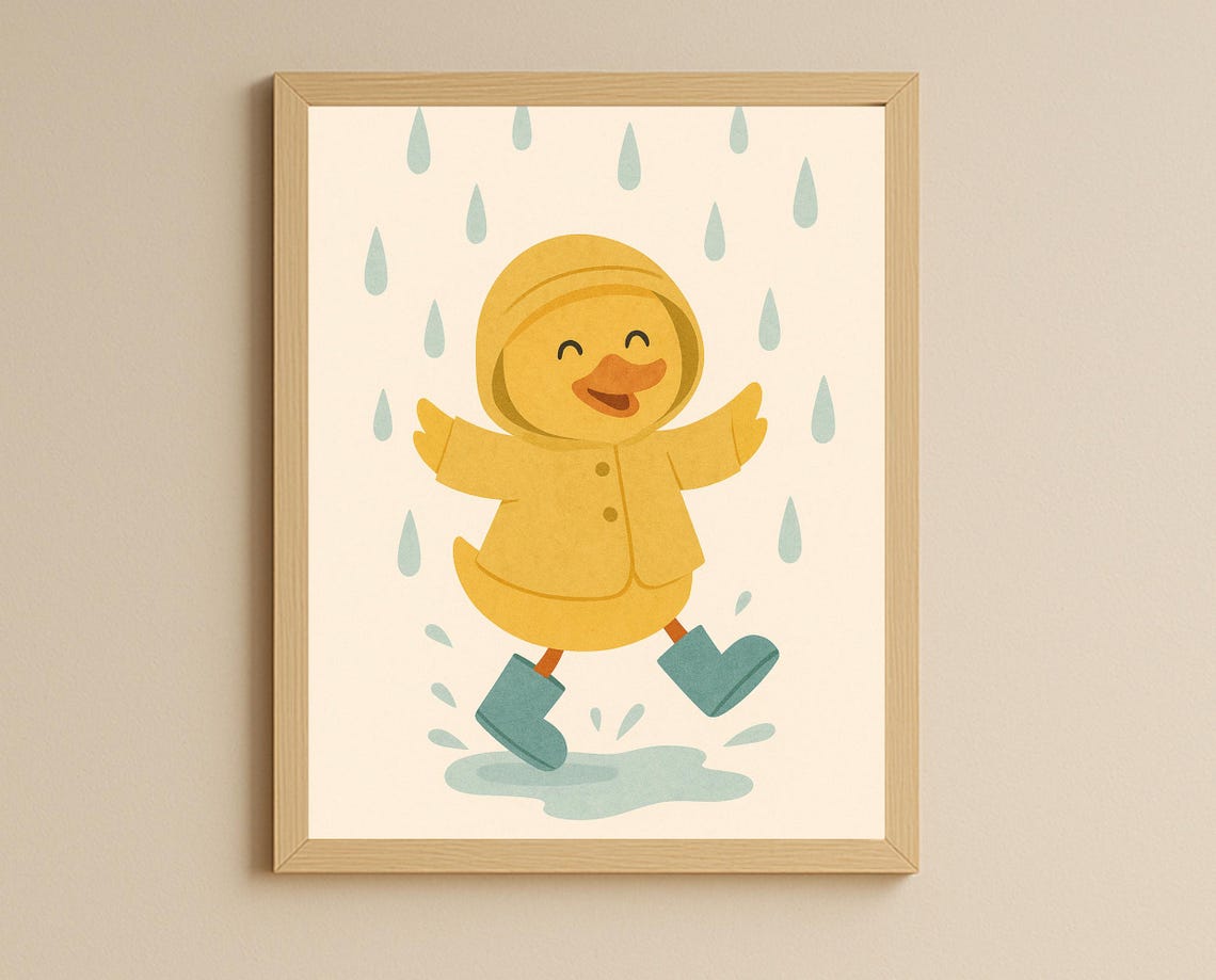 Rainy Day Duck Wall Art Hobby Animal Series Nursery Decor Cute Duckling In Yellow Raincoat Print