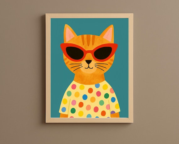 Cool Orange Cat in Red Sunglasses and Polka Dot Nursery Wall Art