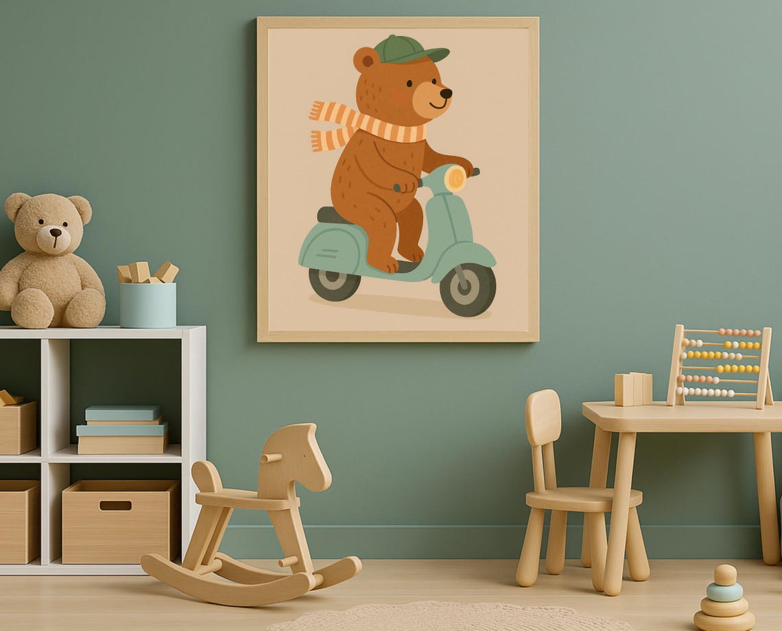 Scooter Bear Wall Art Cute Animal Nursery For Kids Room Decor Modern Print