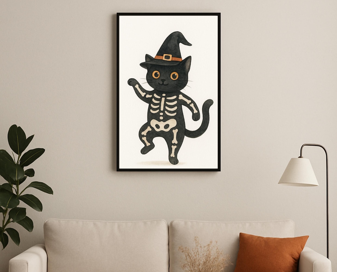 Black Cat Skeleton Costume Witch Hat Halloween Nursery Poster Art