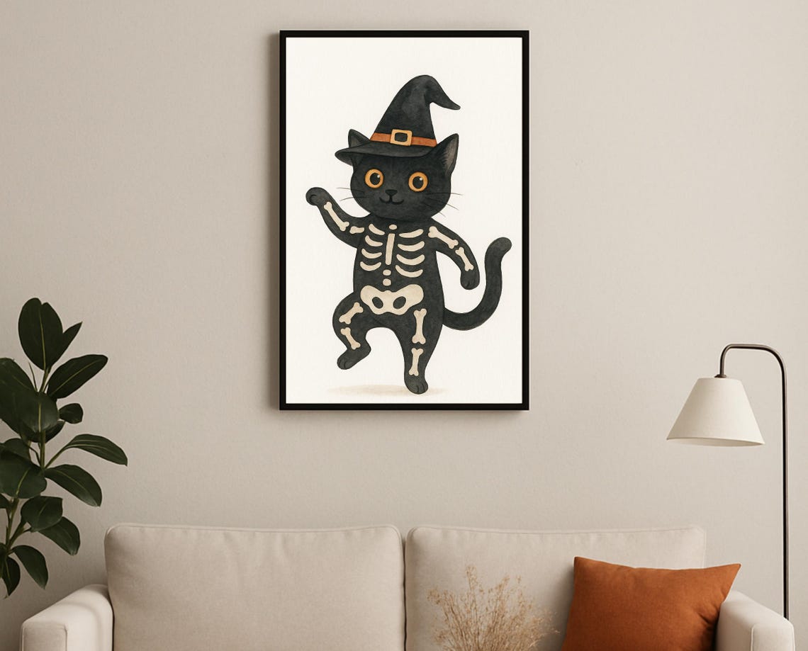 Halloween Black Cat Wall Art Witch Hat Skeleton Spooky Cute Kids Room Decor Nursery