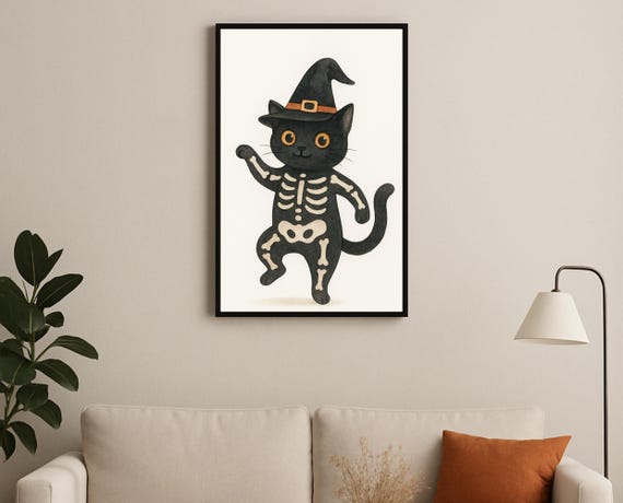 Black Cat Skeleton Costume Witch Hat Halloween Nursery Poster Art