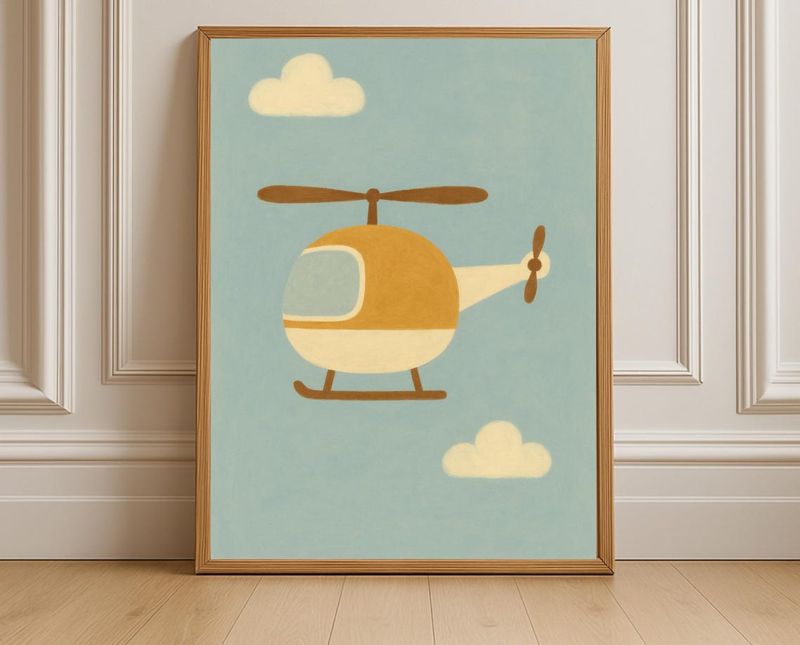 Helicopter Nursery Wall Art Transportation Kids Room Decor Sky Clouds Instant