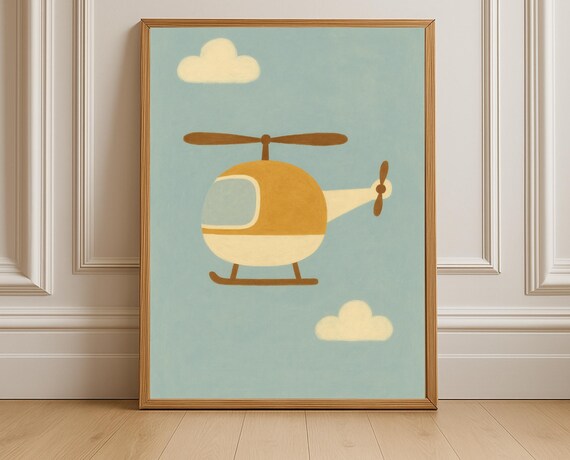 Minimalist Mustard Yellow Helicopter in a Soft Blue Sky Nursery Poster