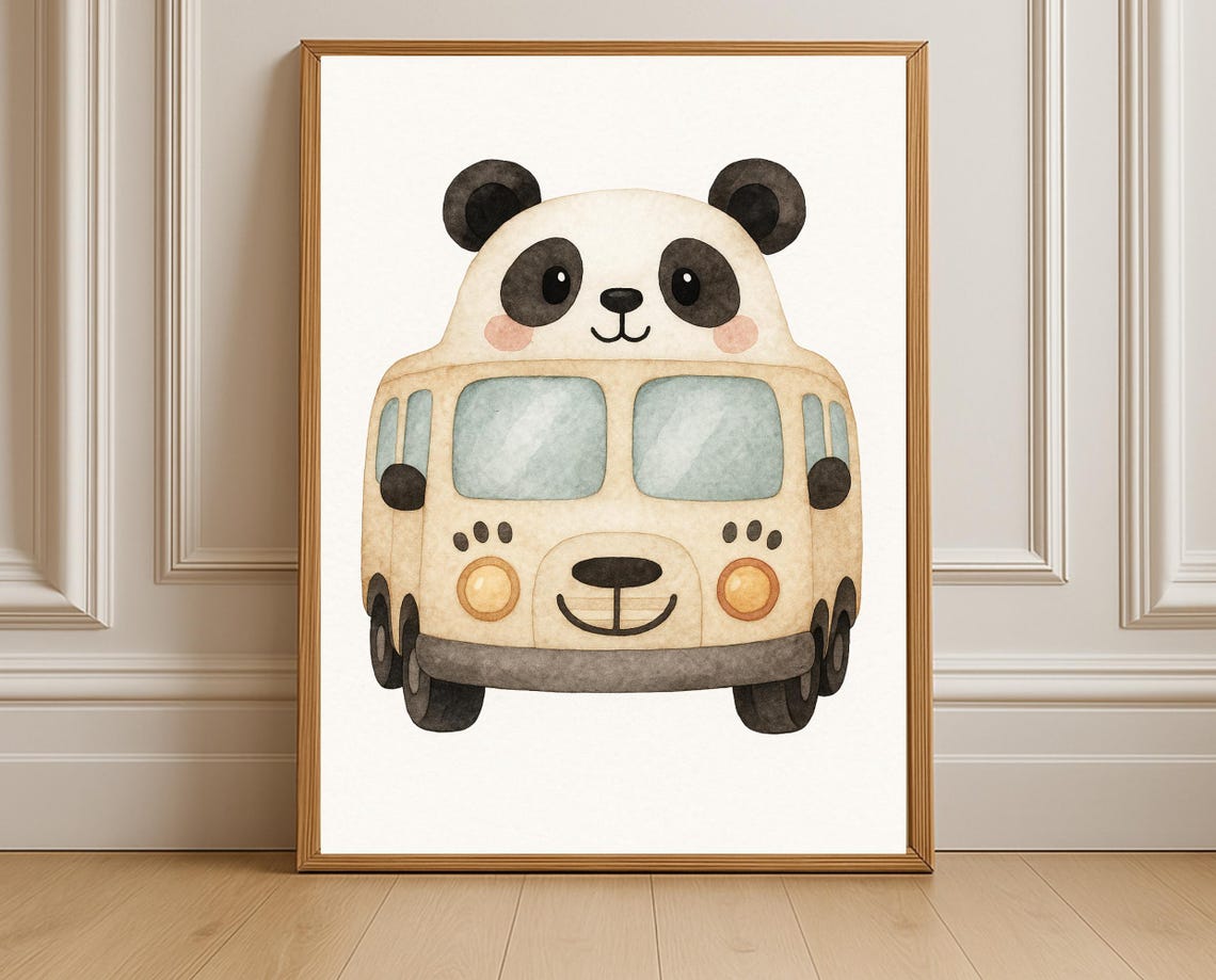 Panda School Bus Nursery Wall Art Kids Room Decor Back To Print
