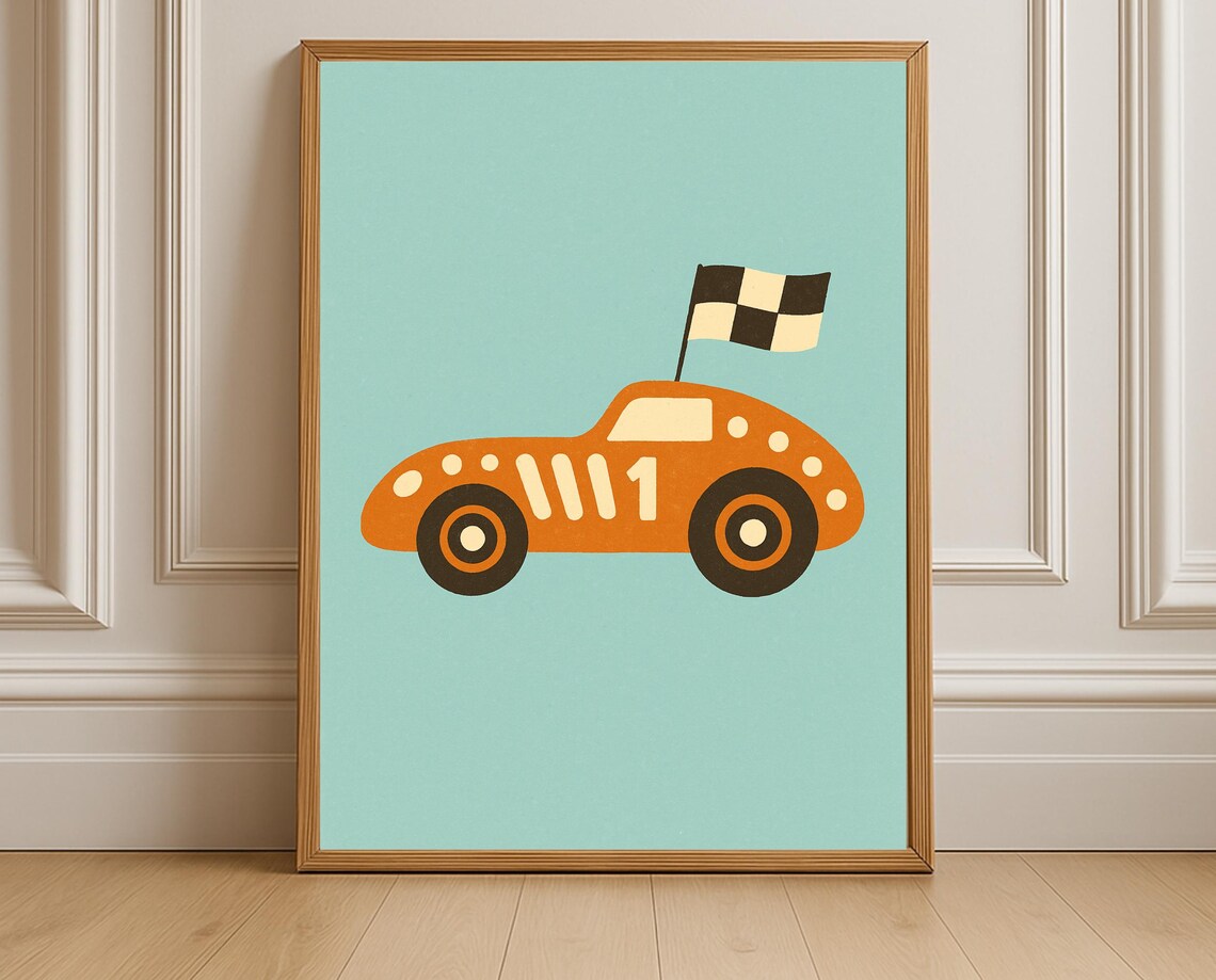 Orange Vintage Race Car Number One Nursery Boys Room Wall Poster
