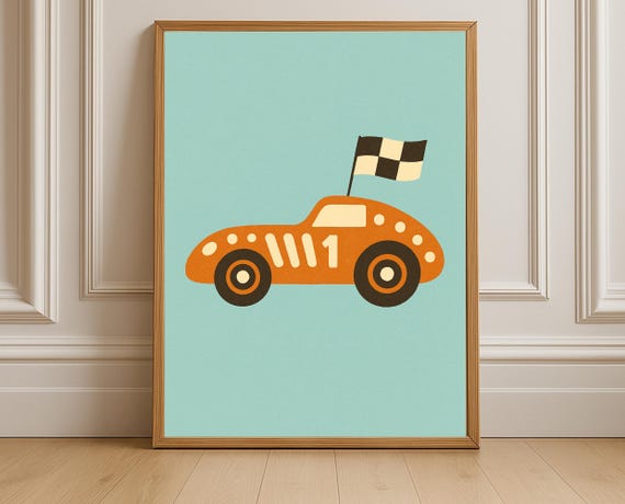 Racing Car Wall Art Nursery Print Kids Room Decor Transportation Poster Orange Race With Checkered Flag
