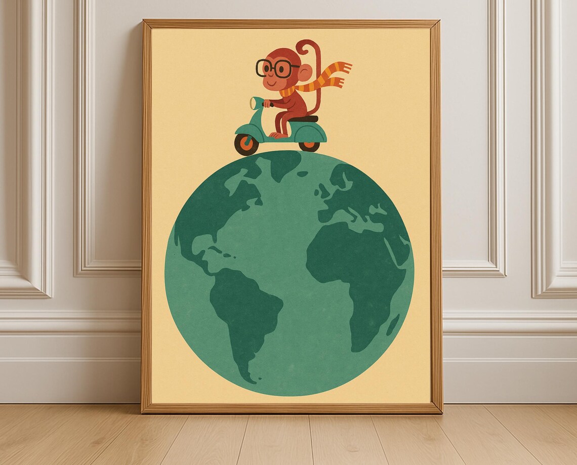 Monkey Scooter Riding Globe Adventure Travel Cute Kids Nursery World Poster