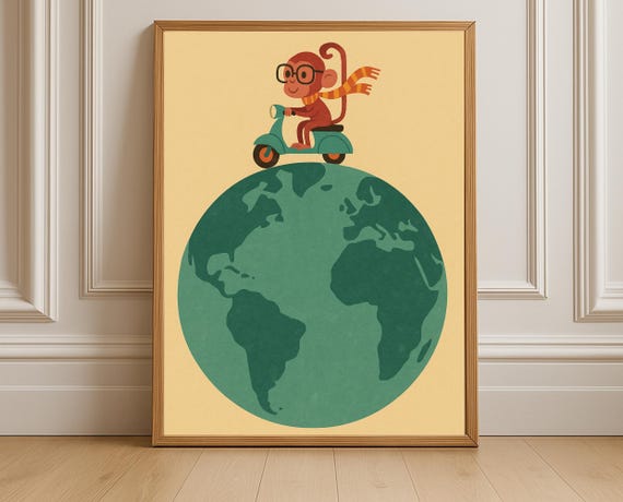 Adventure Monkey Scooter Print World Travel Nursery Decor
