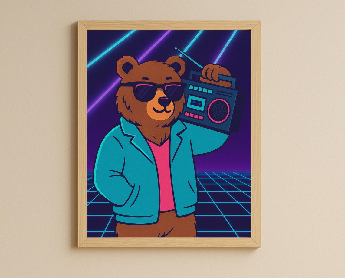 Retro Boombox Bear Wall Art 80s Style Animal Print Hobby Series