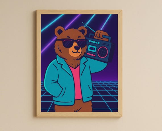 Retro Boombox Bear Wall Art 80s Style Animal Print Hobby Series