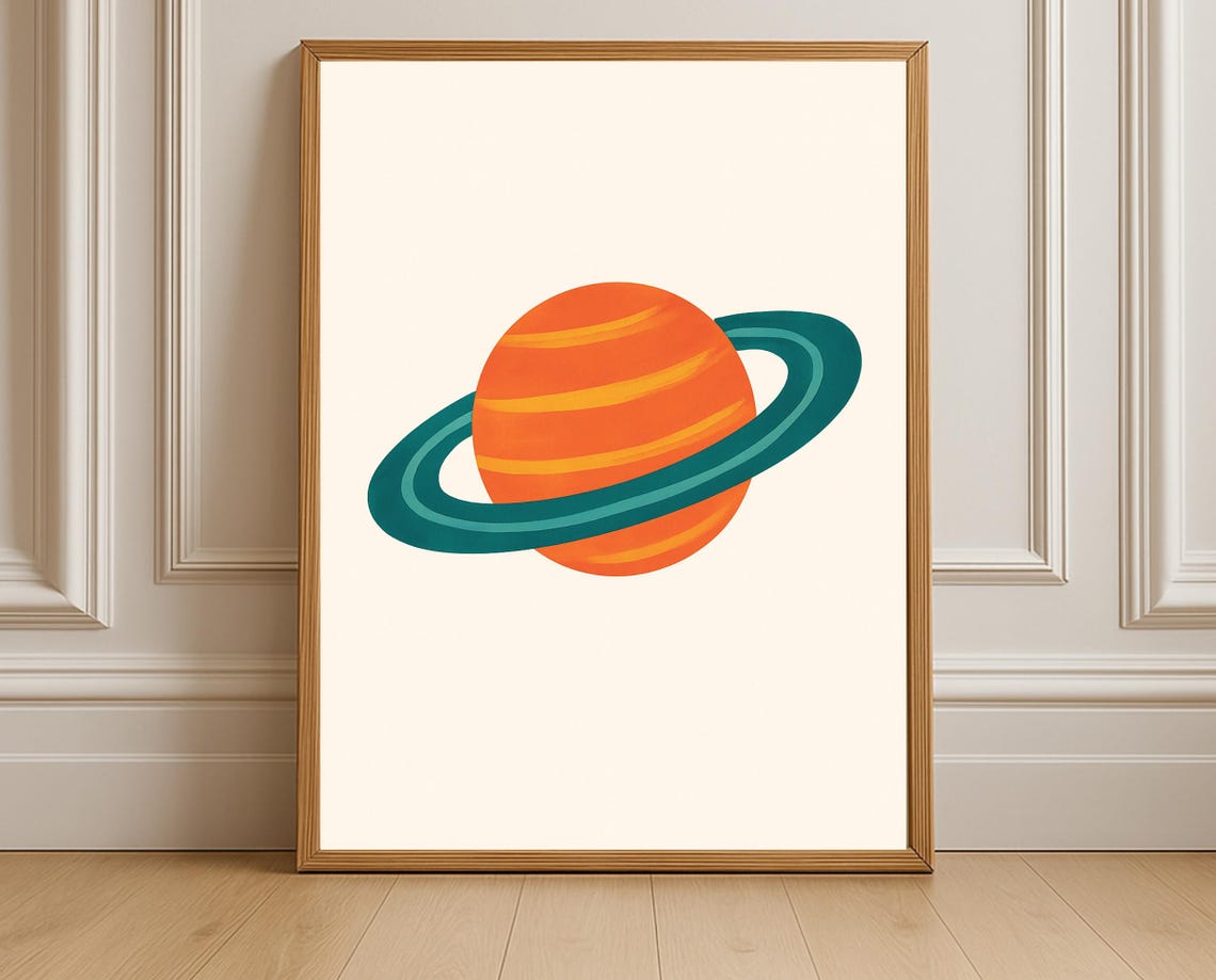 Saturn Ringed Planet Orange Teal Minimalist Space Kids Poster