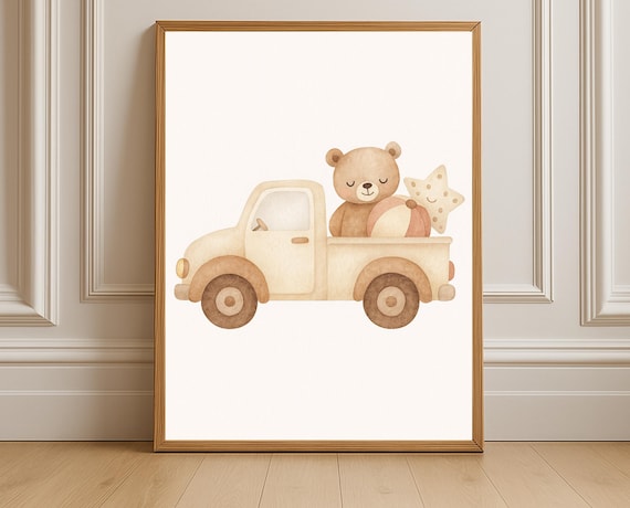Teddy Bear Truck Nursery Poster Watercolor Vintage Toy Kids Decor