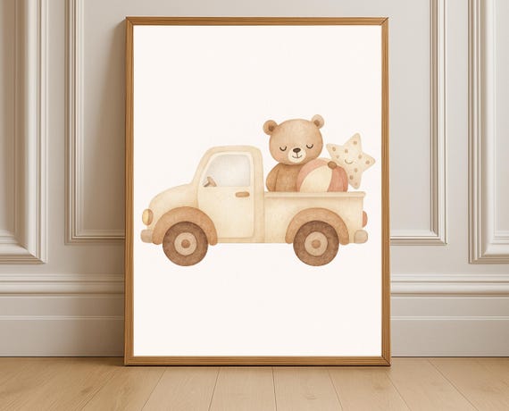 Teddy Bear Truck Wall Art Watercolor Nursery Print Vintage Toy With Plush Gender Neutral Kids Room Decor