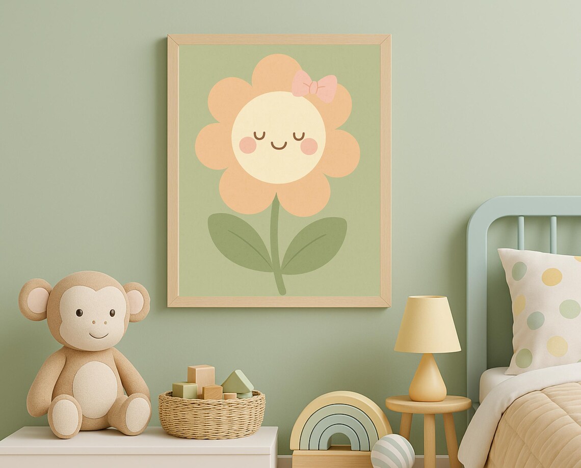 Happy Smiling Flower Girl With Pink Bow Cute Nursery Kids Poster