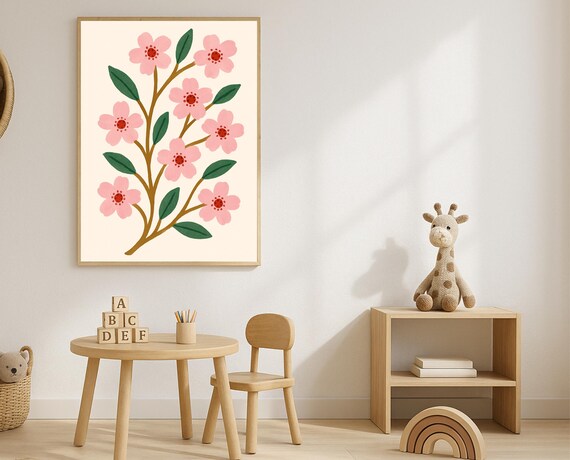 Pink Cherry Blossom Branch Minimalist Floral Nursery Art Poster