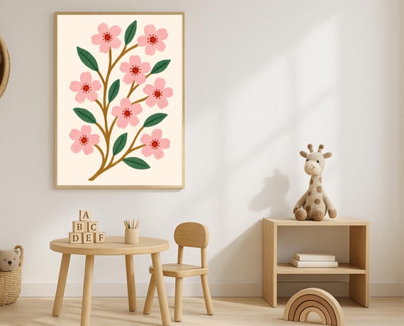 Pink Floral Branch Print Botanical Nursery Wall Art