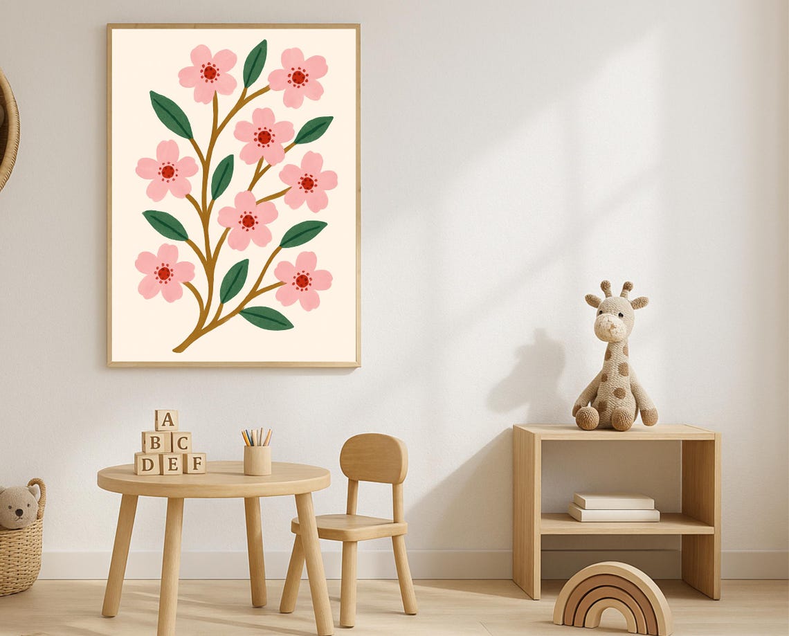 Pink Floral Branch Print Botanical Nursery Wall Art