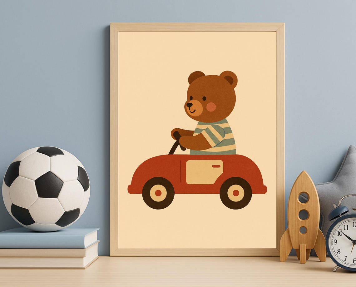 Smiling Teddy Bear Driving Red Car Cute Vintage Nursery Kids Poster