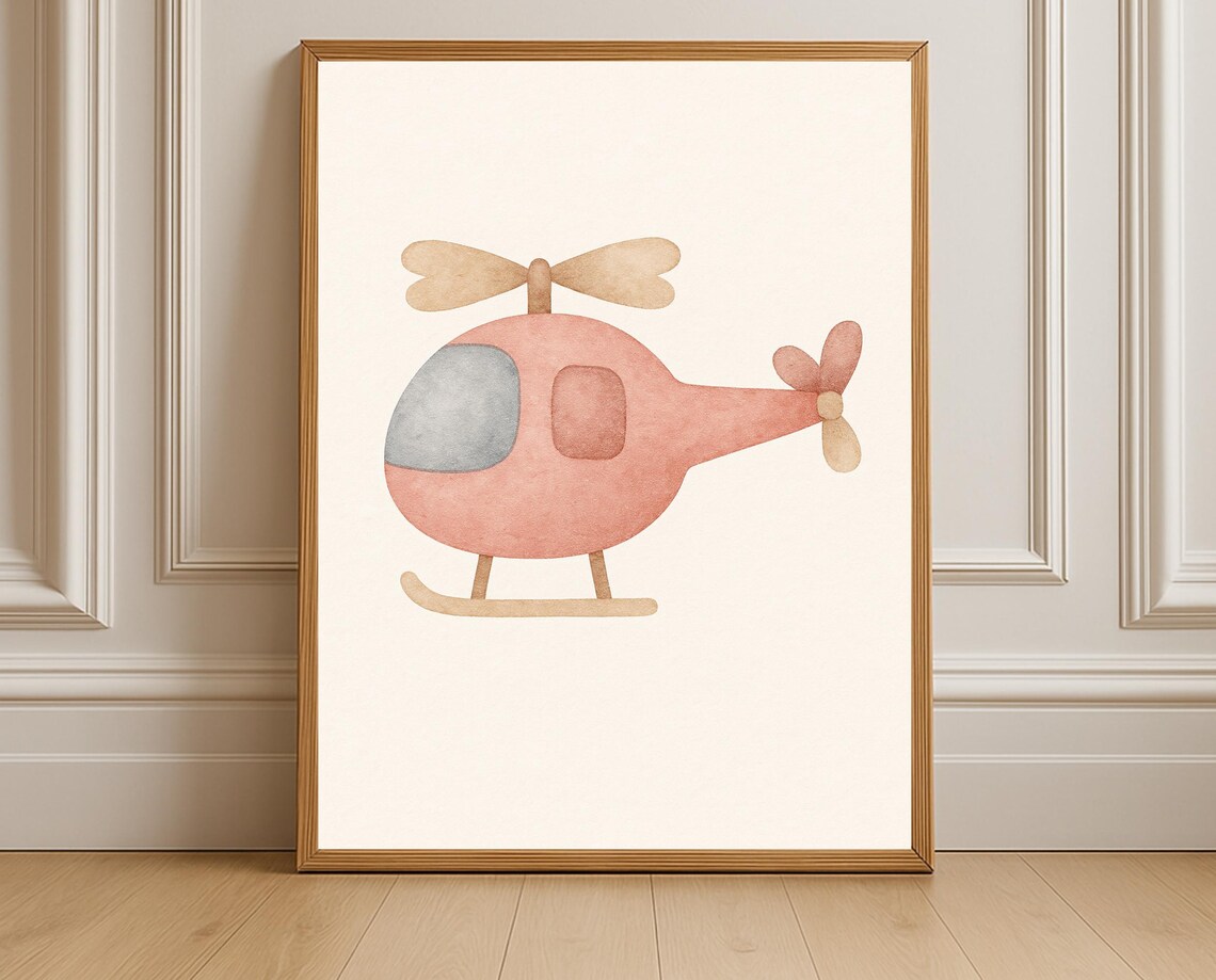 Pink Watercolor Helicopter Pastel Transportation Nursery Poster