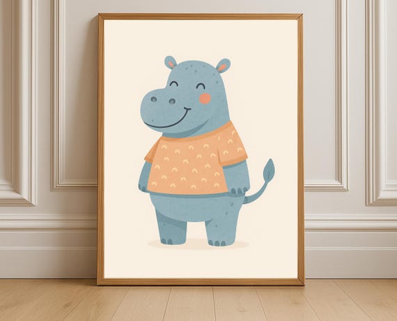 Happy Hippo Wall Art Nursery Decor Cute Blue Hippopotamus Kids Room Illustration