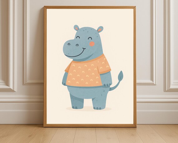 Happy Smiling Hippo Wearing T-Shirt Cute Blue Nursery Animal Poster