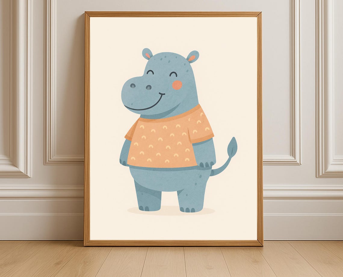 Happy Smiling Hippo Wearing T-Shirt Cute Blue Nursery Animal Poster