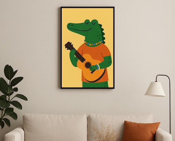 Alligator Playing Guitar Music Nursery Poster Yellow Background Art