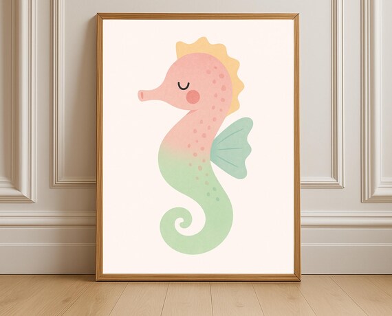 Pastel Pink And Green Seahorse Sleeping Cute Nursery Kids Poster