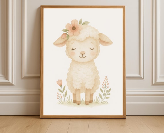 Floral Lamb with Flower Crown Pastel Nursery Watercolor Poster