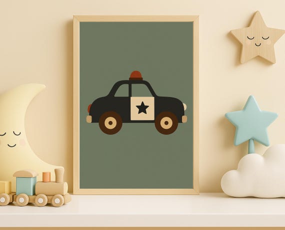 Police Car Wall Art Retro Vehicle Nursery Print For Boys Room Or Toddler Transportation Decor