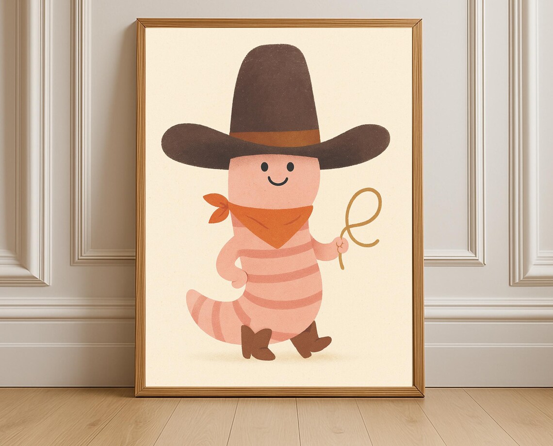 Cute Cowboy Worm With Lasso Western Cartoon Kids Room Poster