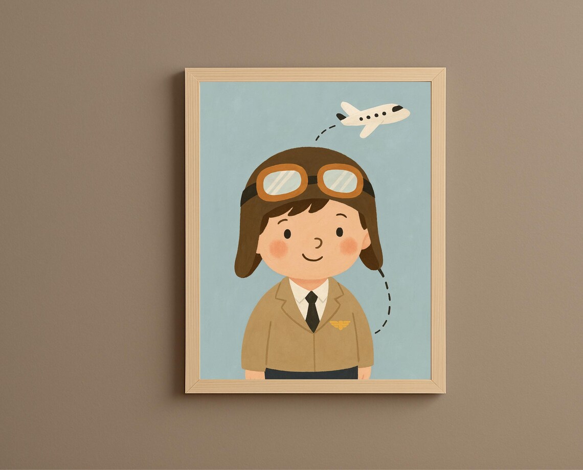 Cute Little Pilot Boy Aviation Goggles Airplane Kids Room Nursery Poster