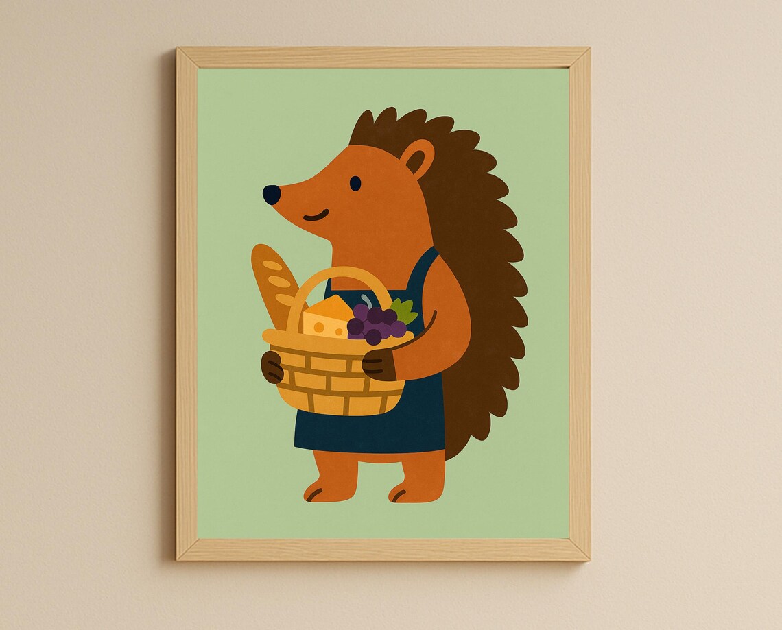 Picnic Hedgehog Kitchen Poster Basket of Food Cute Animal Kids Decor