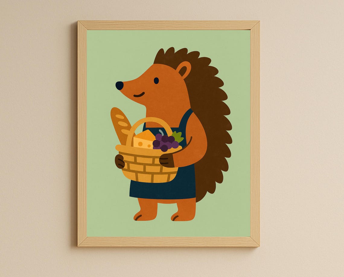 Picnic Hedgehog Wall Art Cute Animal Kitchen Print Hobby Series