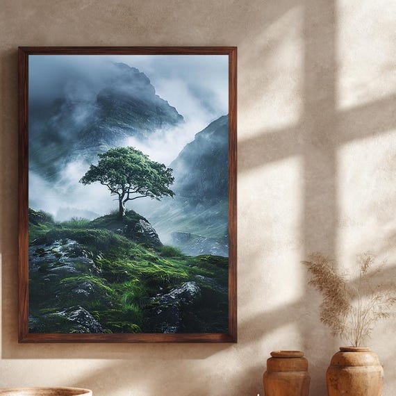 Lone Tree On Misty Mountain Cliff Canvas Wall Art Dramatic Fantasy Landscape Print Enchanted Nature Artwork For Rustic Moody Home Decor
