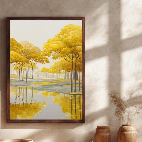 Yellow Forest Landscape Canvas Wall Art Tranquil Tree Reflection Poster Minimalist Nature Scene Room Decor
