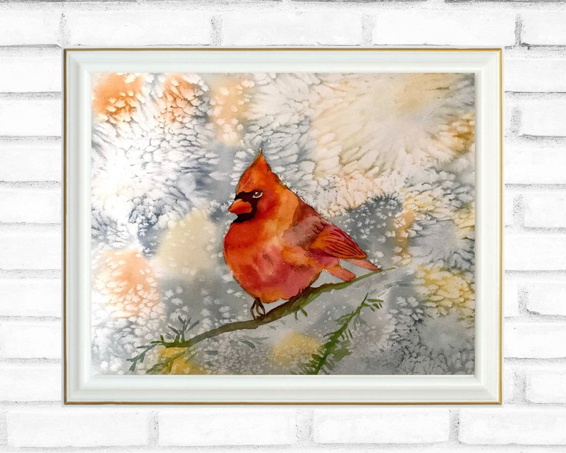 Red Northern Cardinal in Winter Watercolor Christmas Bird Poster