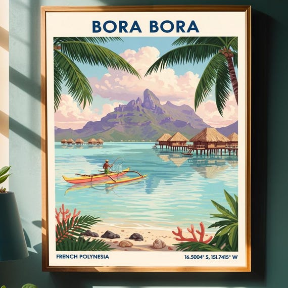 Bora Lagoon Poster Green And Blue Pink Yellow Art Tropical Island Illustration Vintage Travel Print For Living Room