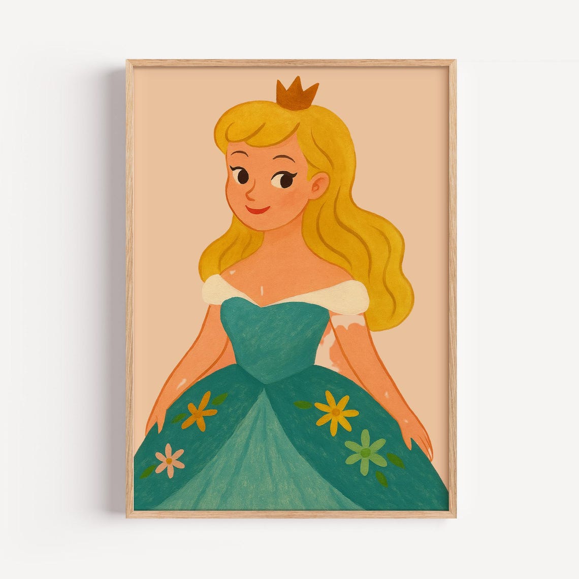 Blonde Princess in Teal Floral Ball Gown Fairytale Nursery Wall Art