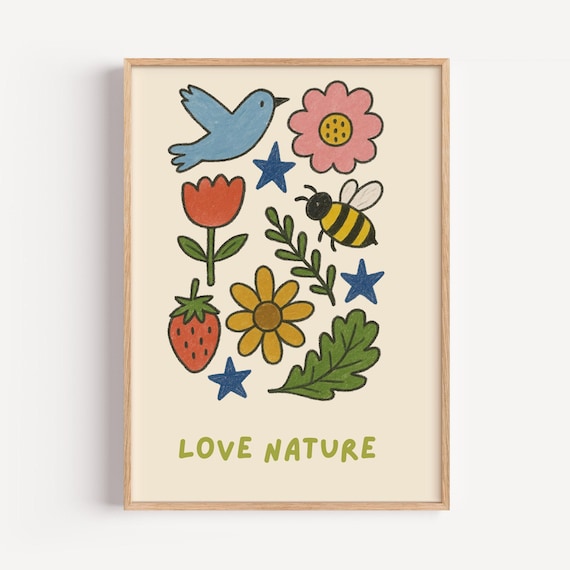 Love Nature Bird Bee Flowers Whimsical Kids Nursery Art Poster