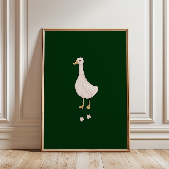 Cute White Duck Watercolor Painting Dark Green Background Nursery Poster