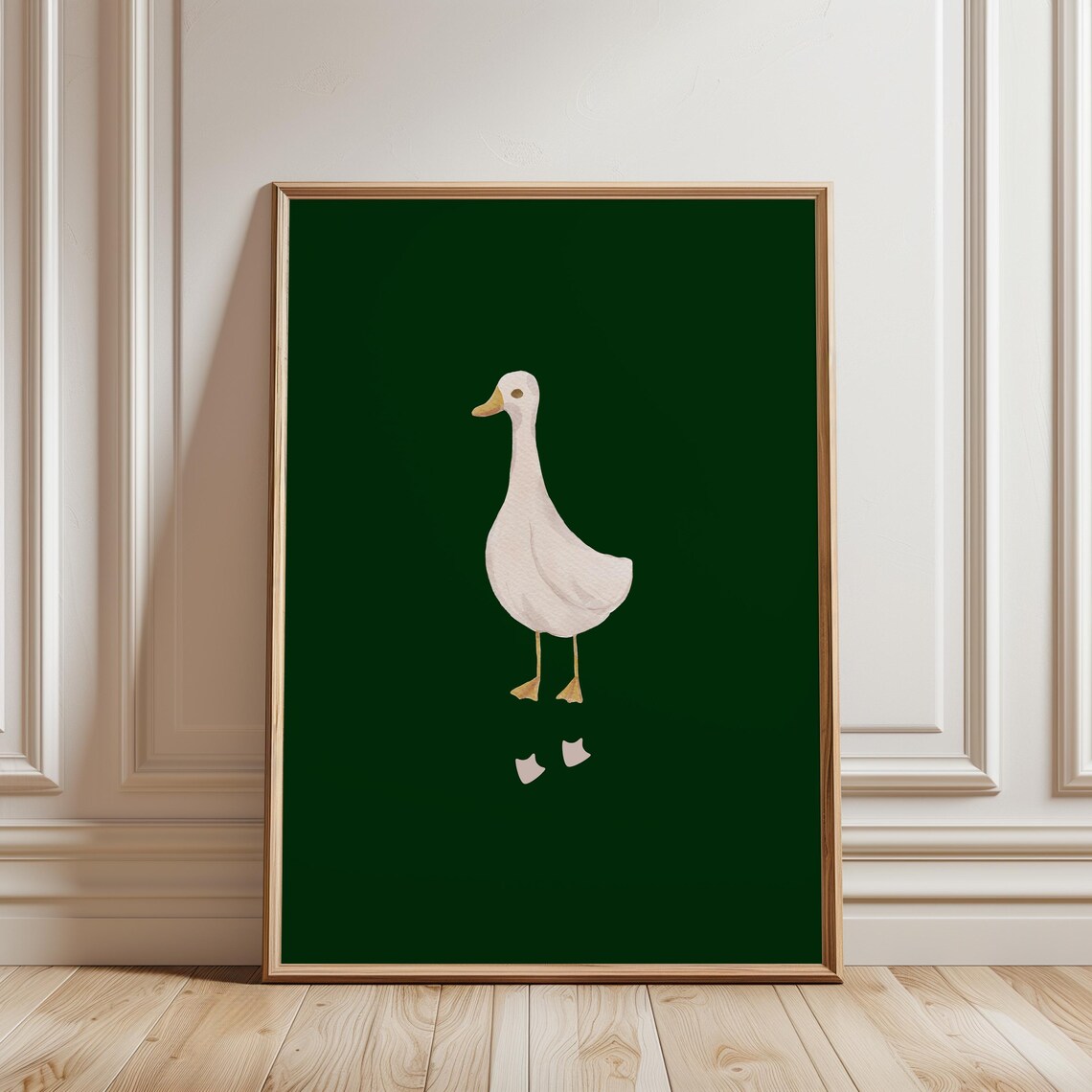 Cute White Duck Watercolor Painting Dark Green Background Nursery Poster