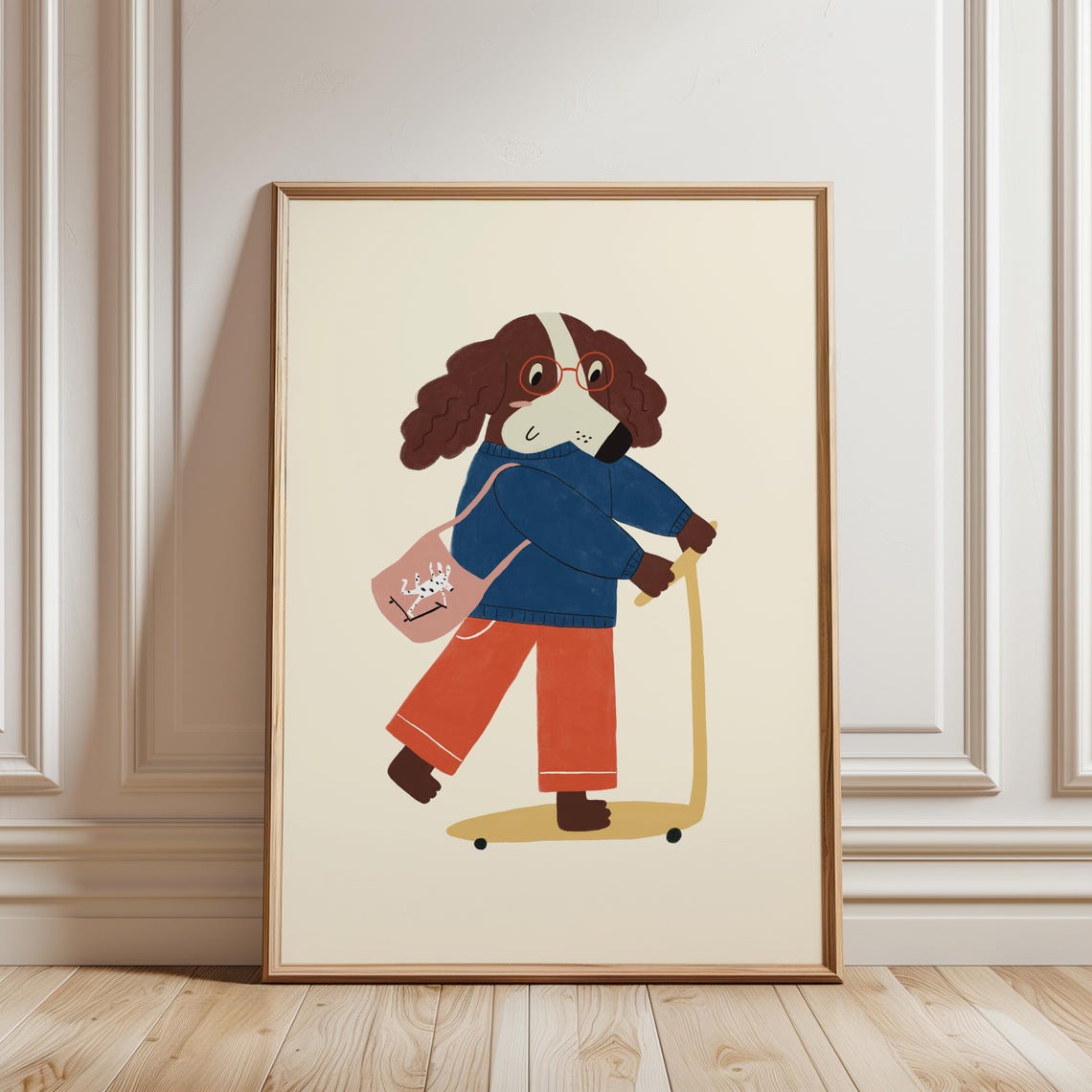 Dog on Scooter Poster Hand Drawn Puppy Kids Room Wall Decor Fun
