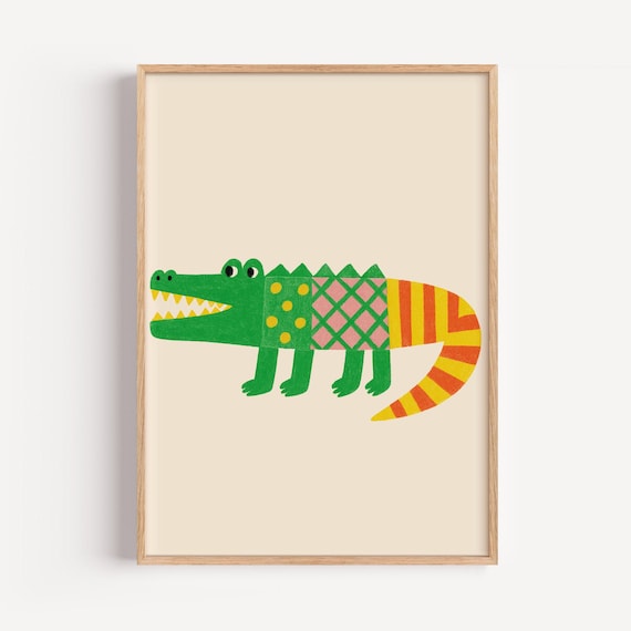 Colorful Patterned Green Crocodile Jungle Safari Nursery Poster